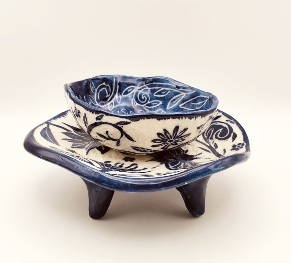 Blue Floral Footed Tray & Ring Dish Set